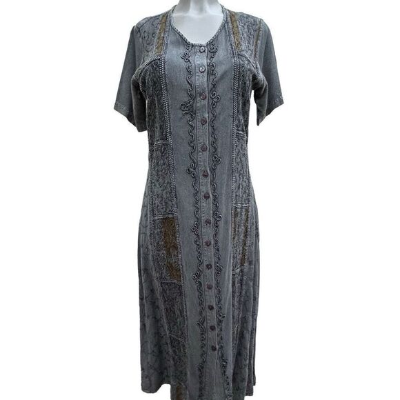 Lola P Boho Midi Dress Women's Small Gray Button Front Embroidered Bric a Brac - Picture 7 of 10